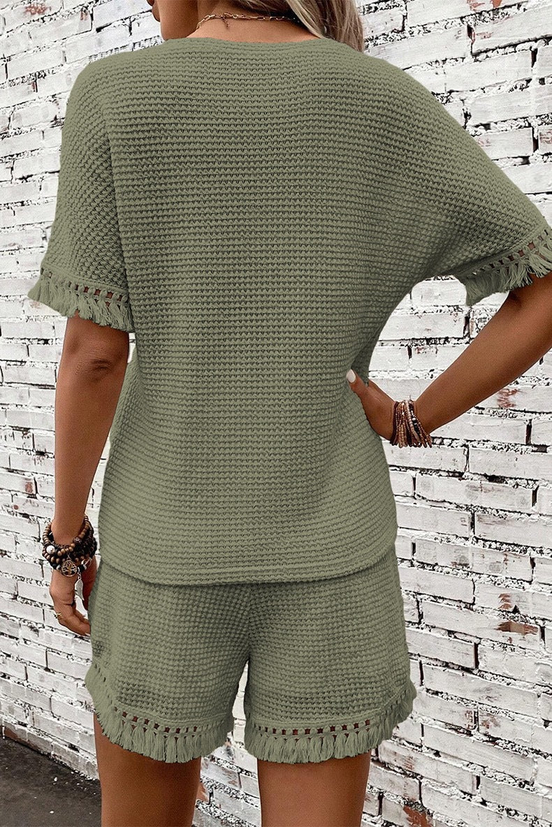 Wue - solid color tassel casual sets