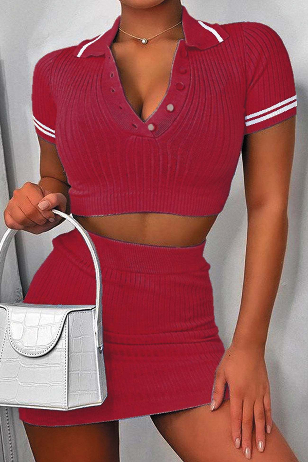 Aramina - button-down ribbed knit skirt set