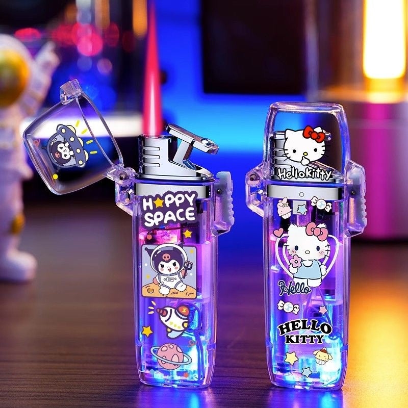 Okouzlující, lesklý lehčí zapalovač sanrio, nafukovací větrem odolný zapalovač s růžovým plamenem