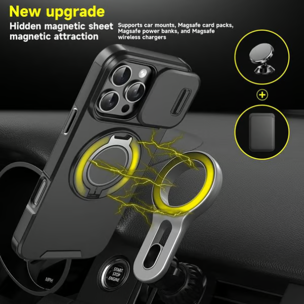 Pouzdro s posuvným krytem fotoaparátu a otočným stojánkem, nárazuvzdorné ochranné pouzdro vojenské třídy pro iPhone řady 11/12/13/14/15/16/17