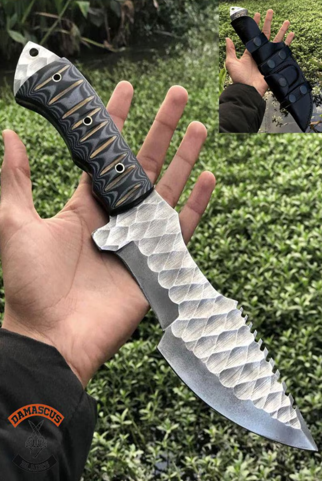 Ručně vyráběný nůž z damaškové oceli: rukojeť G10, kožené pouzdro