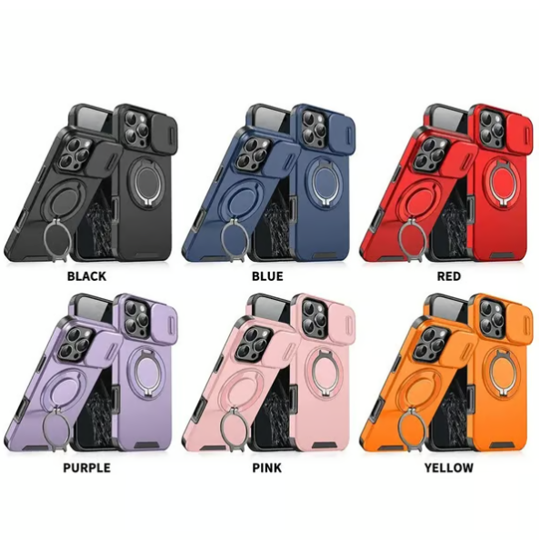 Pouzdro s posuvným krytem fotoaparátu a otočným stojánkem, nárazuvzdorné ochranné pouzdro vojenské třídy pro iPhone řady 11/12/13/14/15/16/17