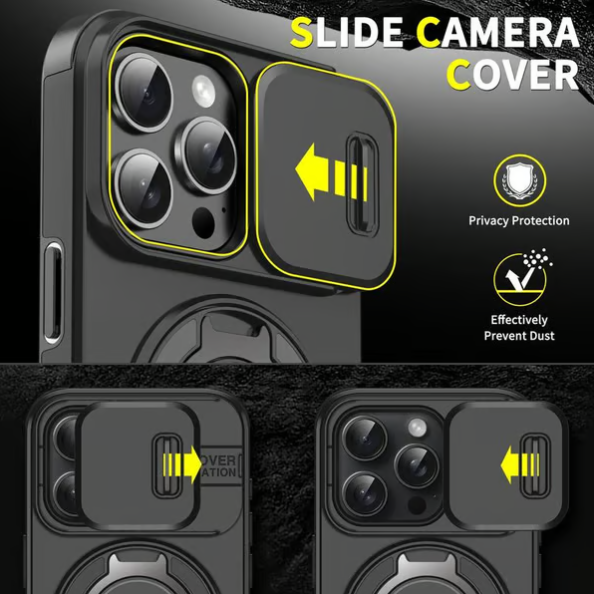 Pouzdro s posuvným krytem fotoaparátu a otočným stojánkem, nárazuvzdorné ochranné pouzdro vojenské třídy pro iPhone řady 11/12/13/14/15/16/17