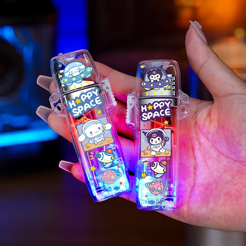 Okouzlující, lesklý lehčí zapalovač sanrio, nafukovací větrem odolný zapalovač s růžovým plamenem