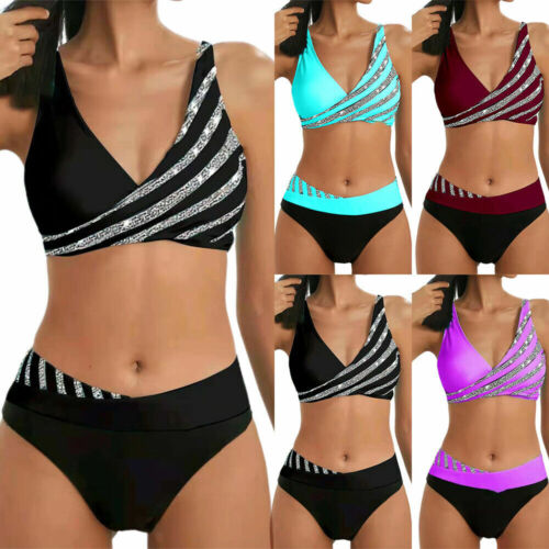 Ladies Striped Bra Bikini Set Swimsuit High Waist Beach Swimwear Bathing Suit - Picture 1 of 16