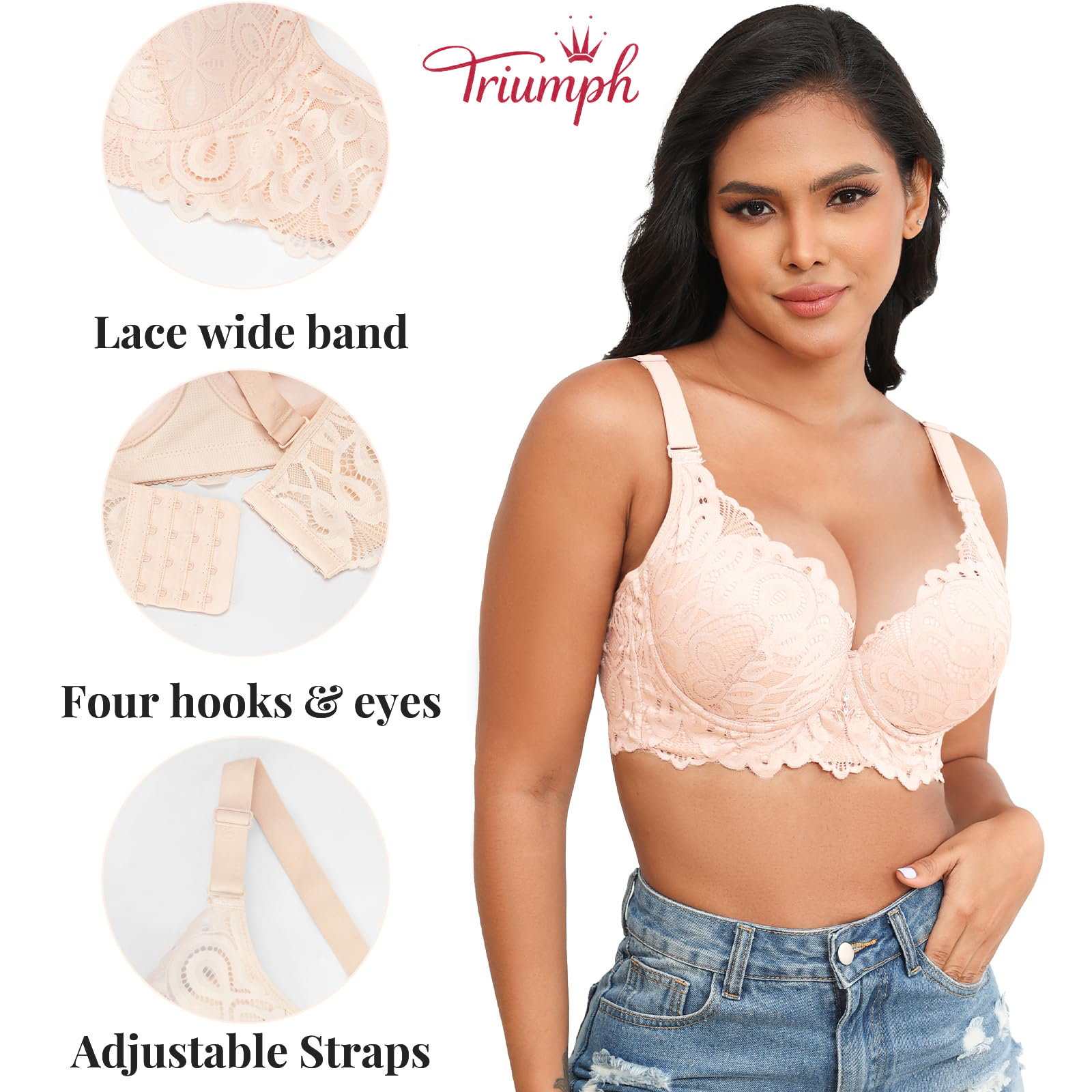 TRIUMPH💝 Krajková push-up podprsenka, dámská nadměrná podprsenka s kosticí