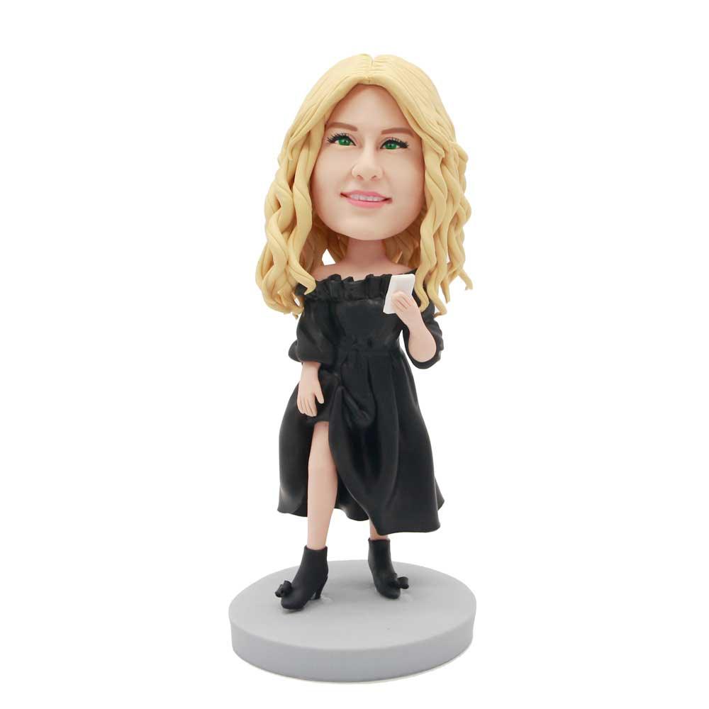Beautiful Female In Black Dress With A Phone Custom Selfie Bobblehead