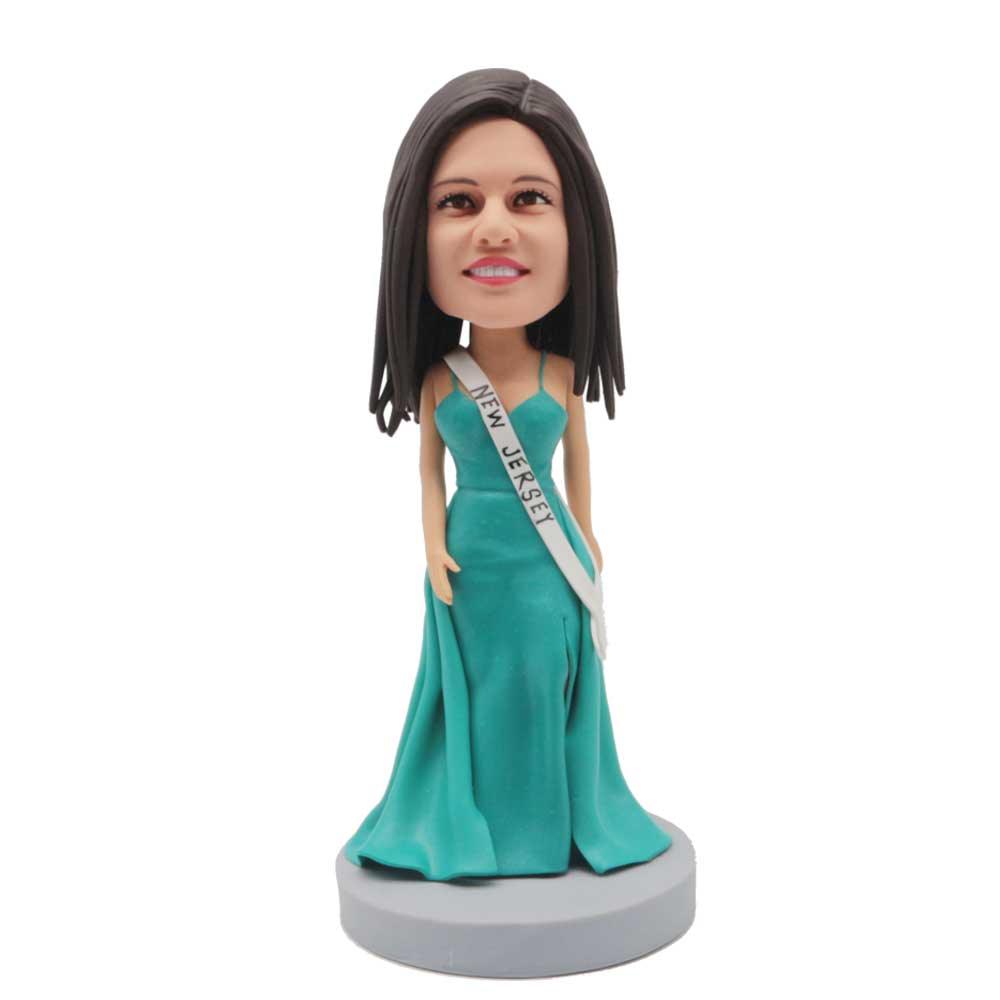 Beautiful Female Model In Turquoise Long Dress Custom Figure Bobblehead