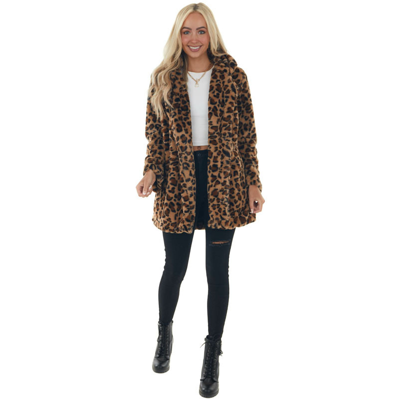 Toamnă și iarnă leopard moda femei haine de lână pentru femei cu buzunare haină de catifea largi