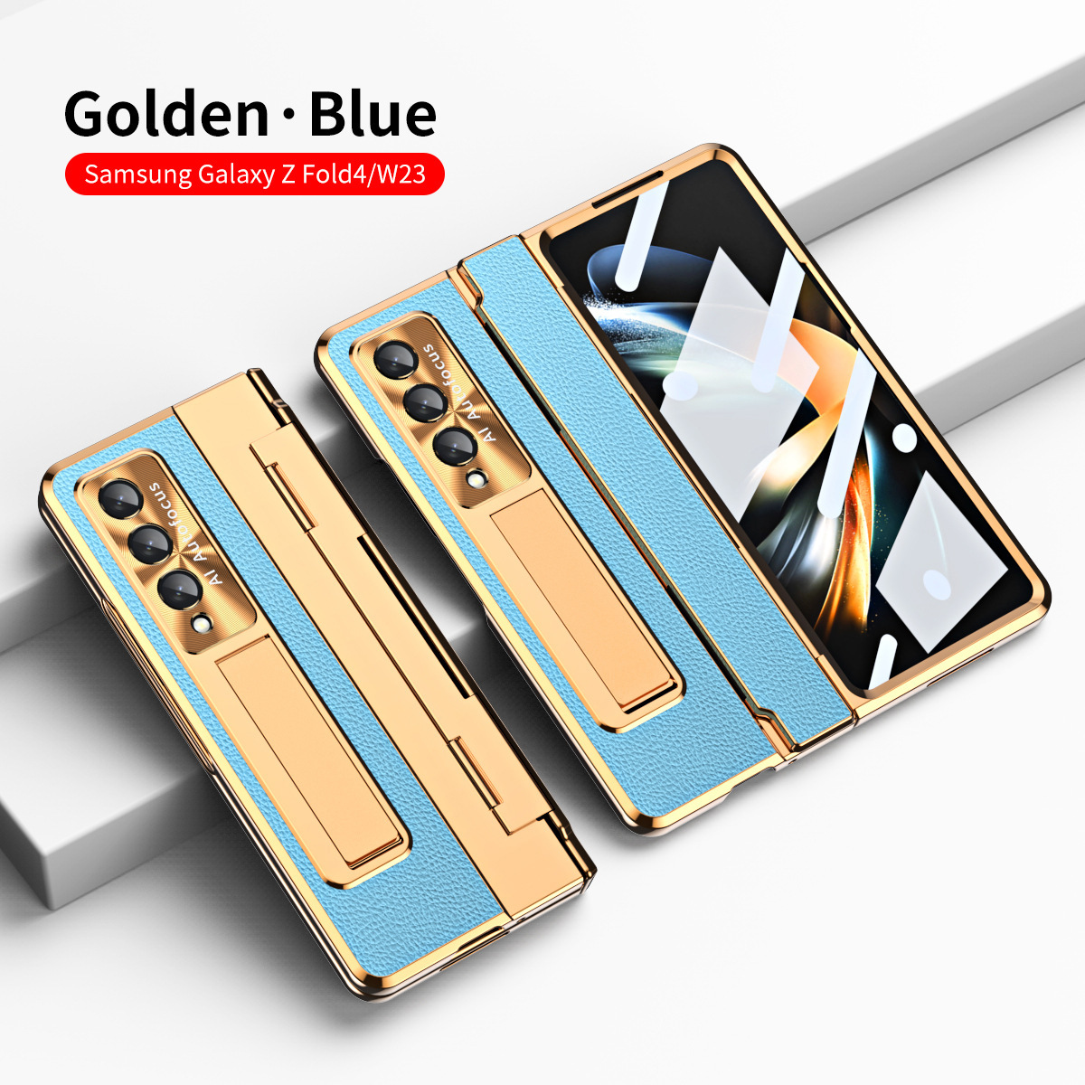 Luksusowa skórzana magnetyczna obudowa z uchwytem galwanicznym do telefonu Galaxy Z Fold3/4/5/6 ze szklanym ekranem z tyłu