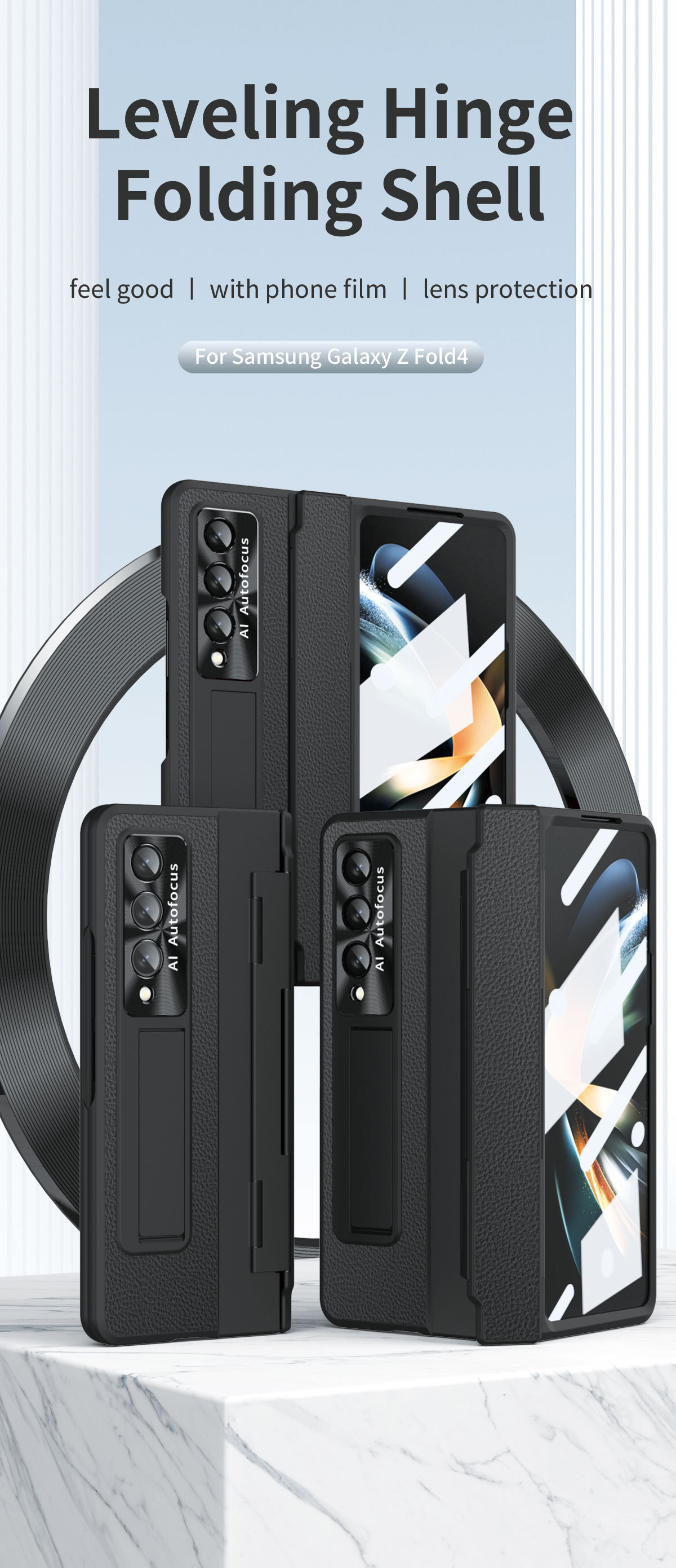 Luksusowa skórzana magnetyczna obudowa z uchwytem galwanicznym do telefonu Galaxy Z Fold3/4/5/6 ze szklanym ekranem z tyłu