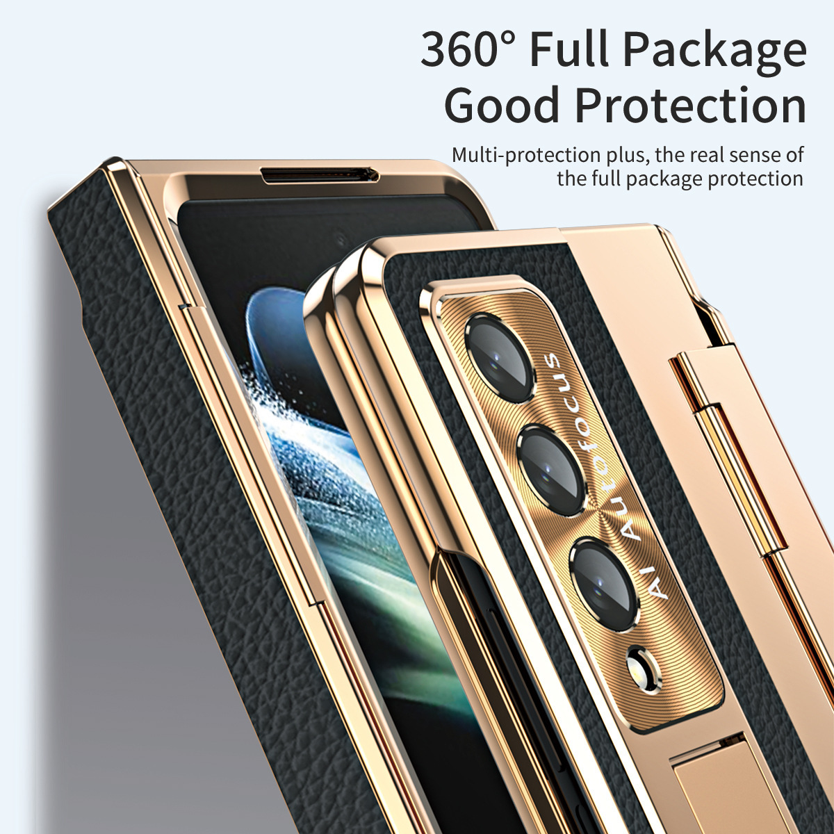 Luksusowa skórzana magnetyczna obudowa z uchwytem galwanicznym do telefonu Galaxy Z Fold3/4/5/6 ze szklanym ekranem z tyłu