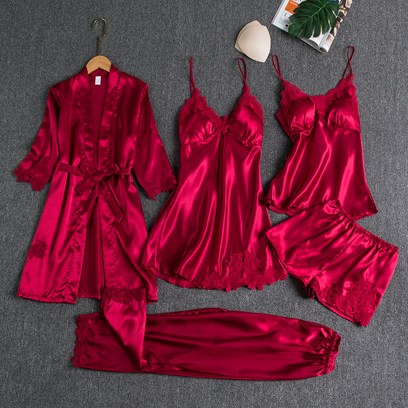 🔥🌹Oferta Walentynkowa💕Damska seksowna 5-częściowa sukienka nocna z lodowego jedwabiu