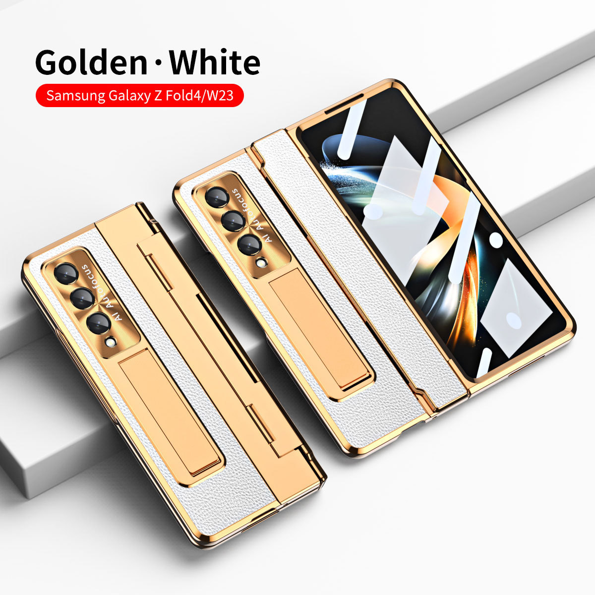 Luksusowa skórzana magnetyczna obudowa z uchwytem galwanicznym do telefonu Galaxy Z Fold3/4/5/6 ze szklanym ekranem z tyłu