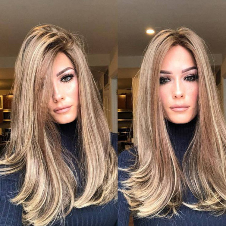Gradientowo-brązowa blond peruka z przedziałkiem na boku i prostymi włosami