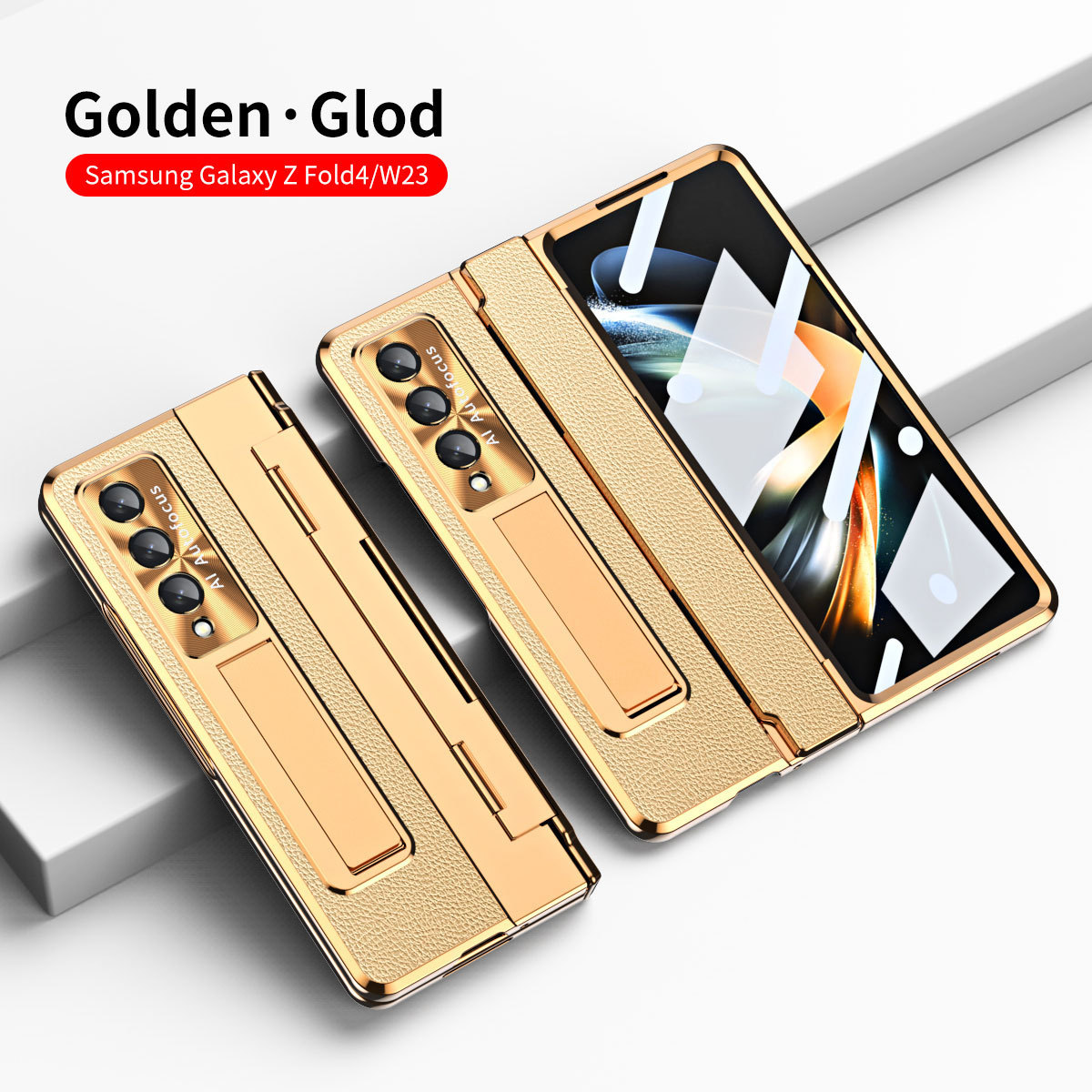 Luksusowa skórzana magnetyczna obudowa z uchwytem galwanicznym do telefonu Galaxy Z Fold3/4/5/6 ze szklanym ekranem z tyłu