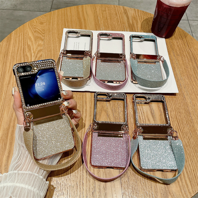 Diamentowa opaska na nadgarstek z brokatem, kompleksowa, chroniąca przed upadkiem obudowa na telefon Samsung Galaxy Flip