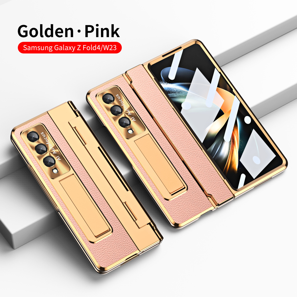 Luksusowa skórzana magnetyczna obudowa z uchwytem galwanicznym do telefonu Galaxy Z Fold3/4/5/6 ze szklanym ekranem z tyłu