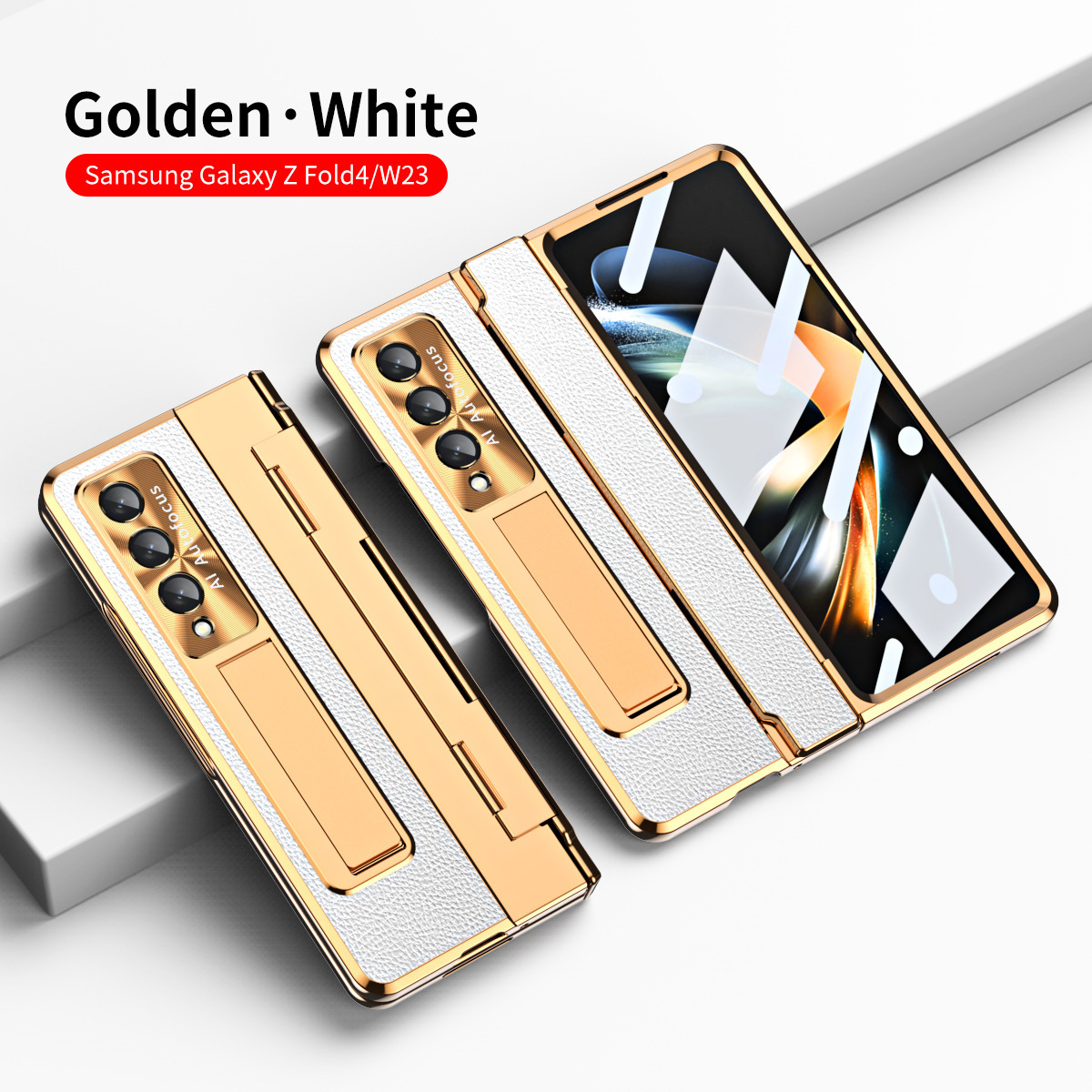 Luksusowa skórzana magnetyczna obudowa z uchwytem galwanicznym do telefonu Galaxy Z Fold3/4/5/6 ze szklanym ekranem z tyłu