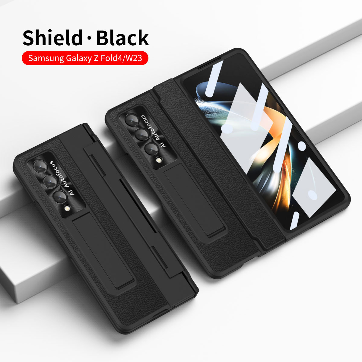 Luksusowa skórzana magnetyczna obudowa z uchwytem galwanicznym do telefonu Galaxy Z Fold3/4/5/6 ze szklanym ekranem z tyłu