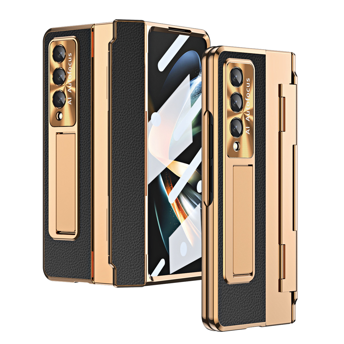 Luksusowa skórzana magnetyczna obudowa z uchwytem galwanicznym do telefonu Galaxy Z Fold3/4/5/6 ze szklanym ekranem z tyłu