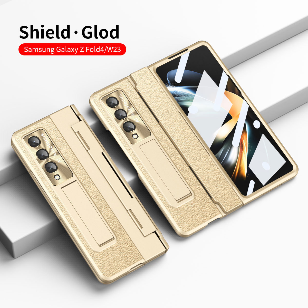 Luksusowa skórzana magnetyczna obudowa z uchwytem galwanicznym do telefonu Galaxy Z Fold3/4/5/6 ze szklanym ekranem z tyłu