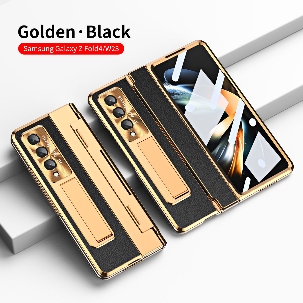 Luksusowa skórzana magnetyczna obudowa z uchwytem galwanicznym do telefonu Galaxy Z Fold3/4/5/6 ze szklanym ekranem z tyłu