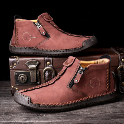 Men Hand Stitching Leather Side Zippers British Shoes