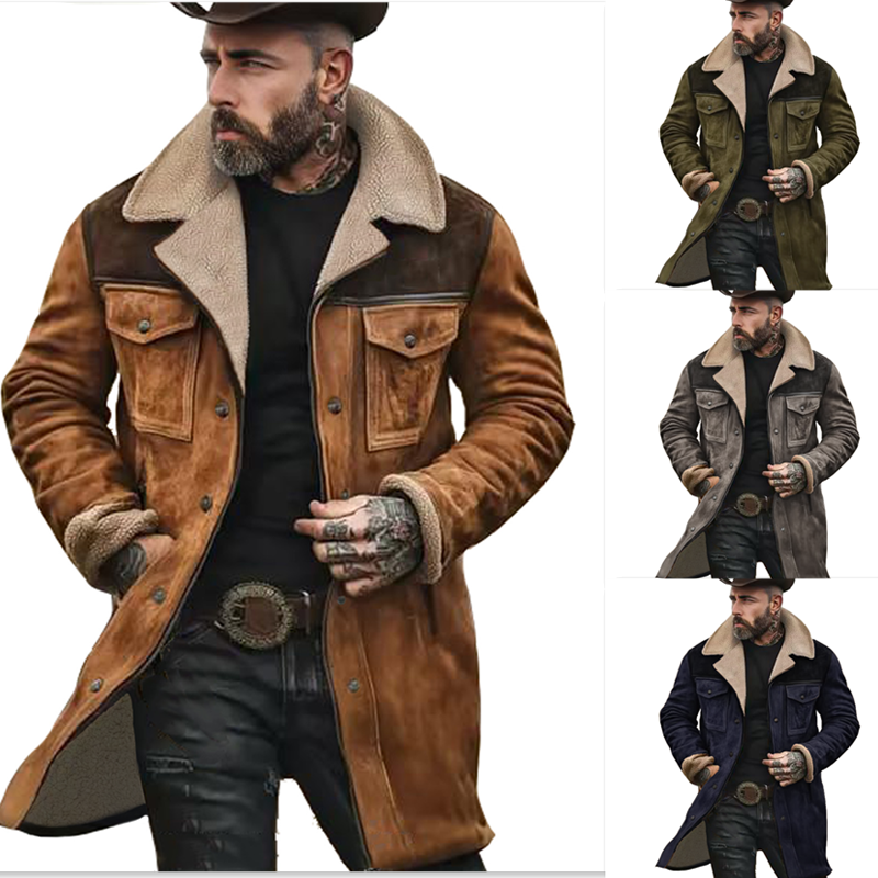 Men's Vintage Suede Patchwork Lamb Fleece Multi-Pocket Reverse Collar Outdoor Jacket Coat