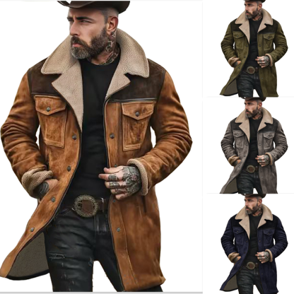 Men's Vintage Suede Patchwork Lamb Fleece Multi-Pocket Reverse Collar Outdoor Jacket Coat