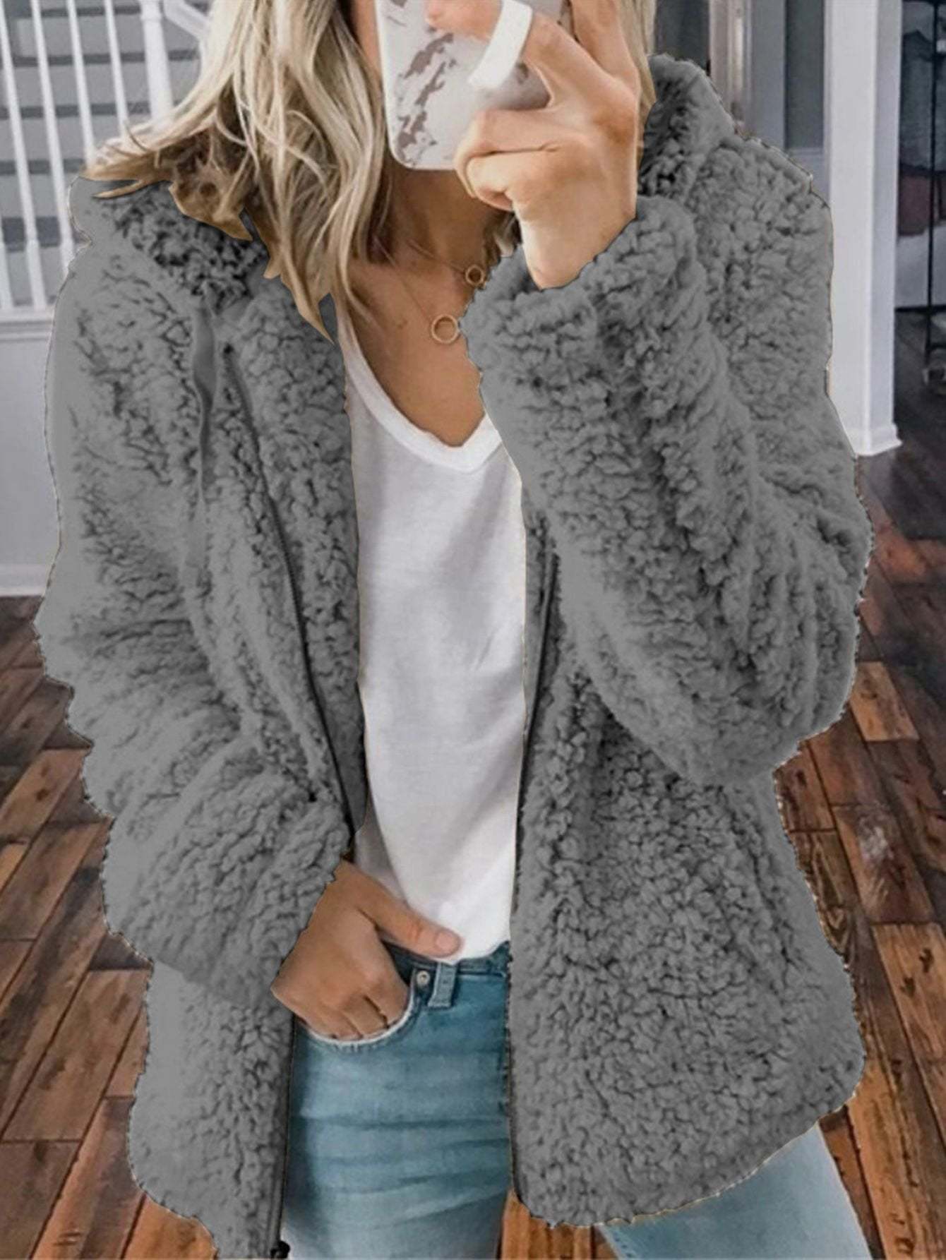 Woman's Solid Color Hooded Tops Casual Sweatshirts Coat