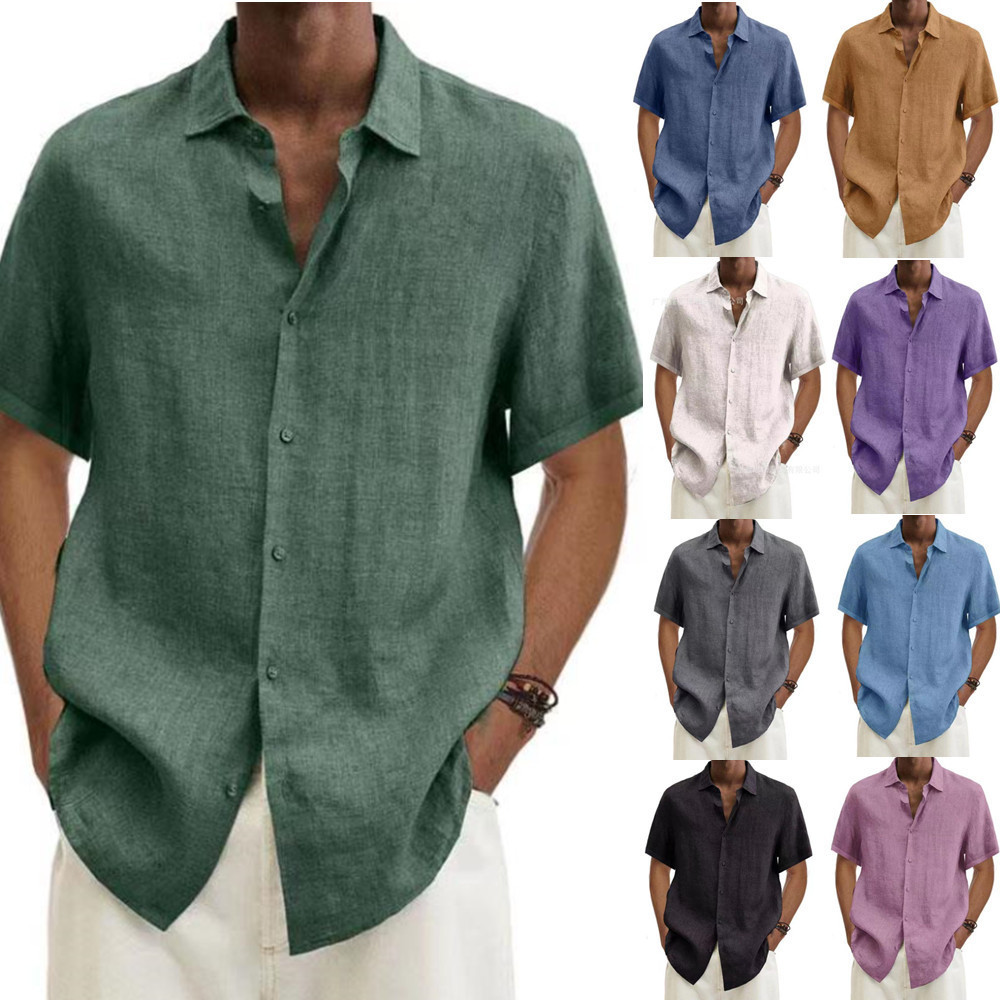 2024 Loose Cotton and Linen Lapel V-Neck Short Sleeve Shirt
