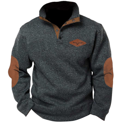 Men's Retro Herringbone Fabric Henley Elbow Patch Color Block Western Sweatshirt
