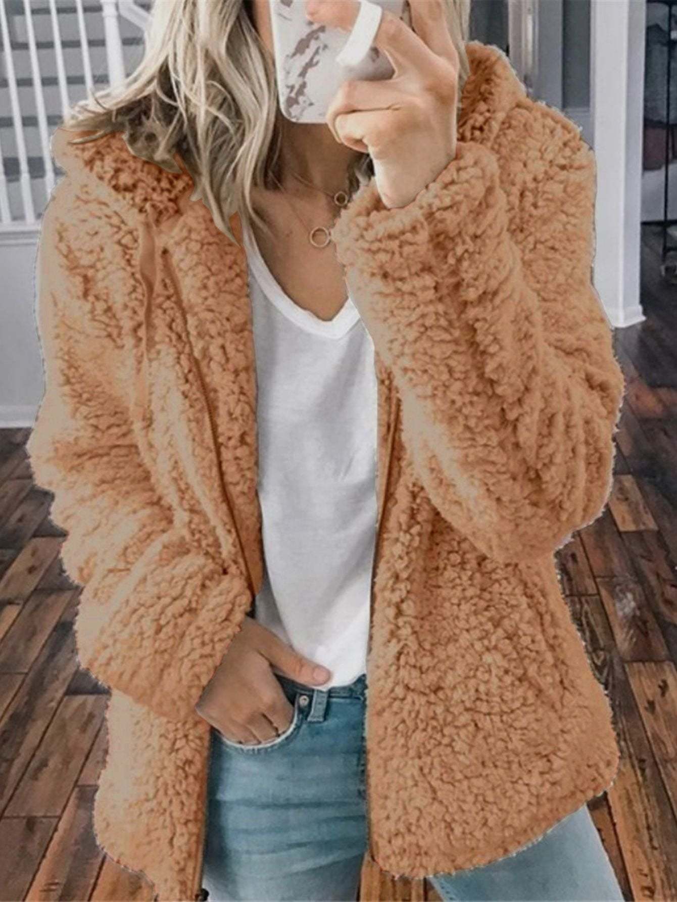 Woman's Solid Color Hooded Tops Casual Sweatshirts Coat