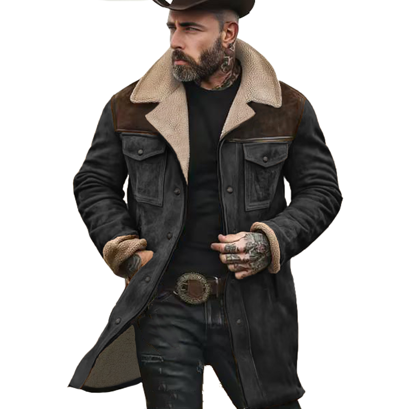 Men's Vintage Suede Patchwork Lamb Fleece Multi-Pocket Reverse Collar Outdoor Jacket Coat