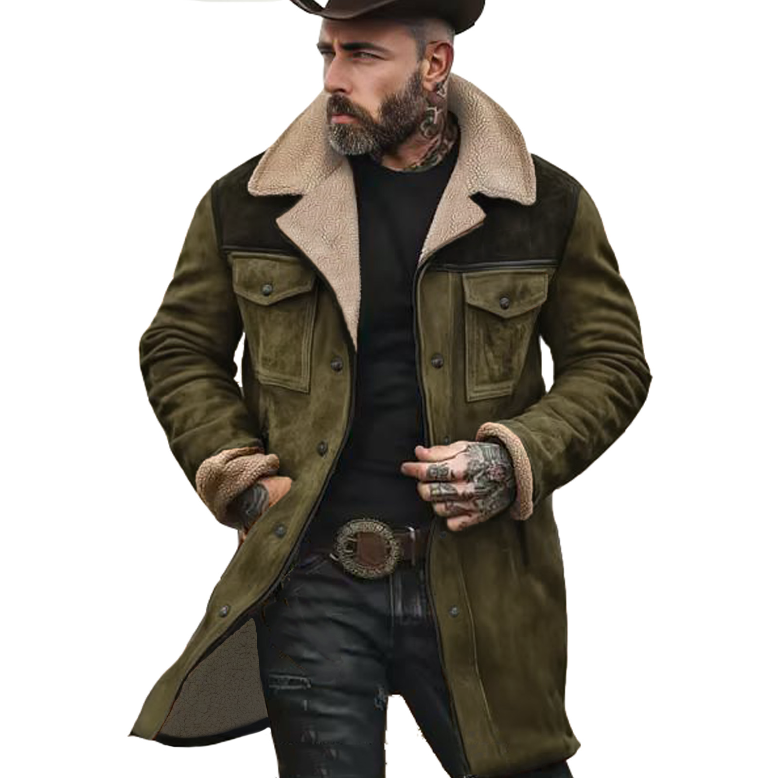 Men's Vintage Suede Patchwork Lamb Fleece Multi-Pocket Reverse Collar Outdoor Jacket Coat