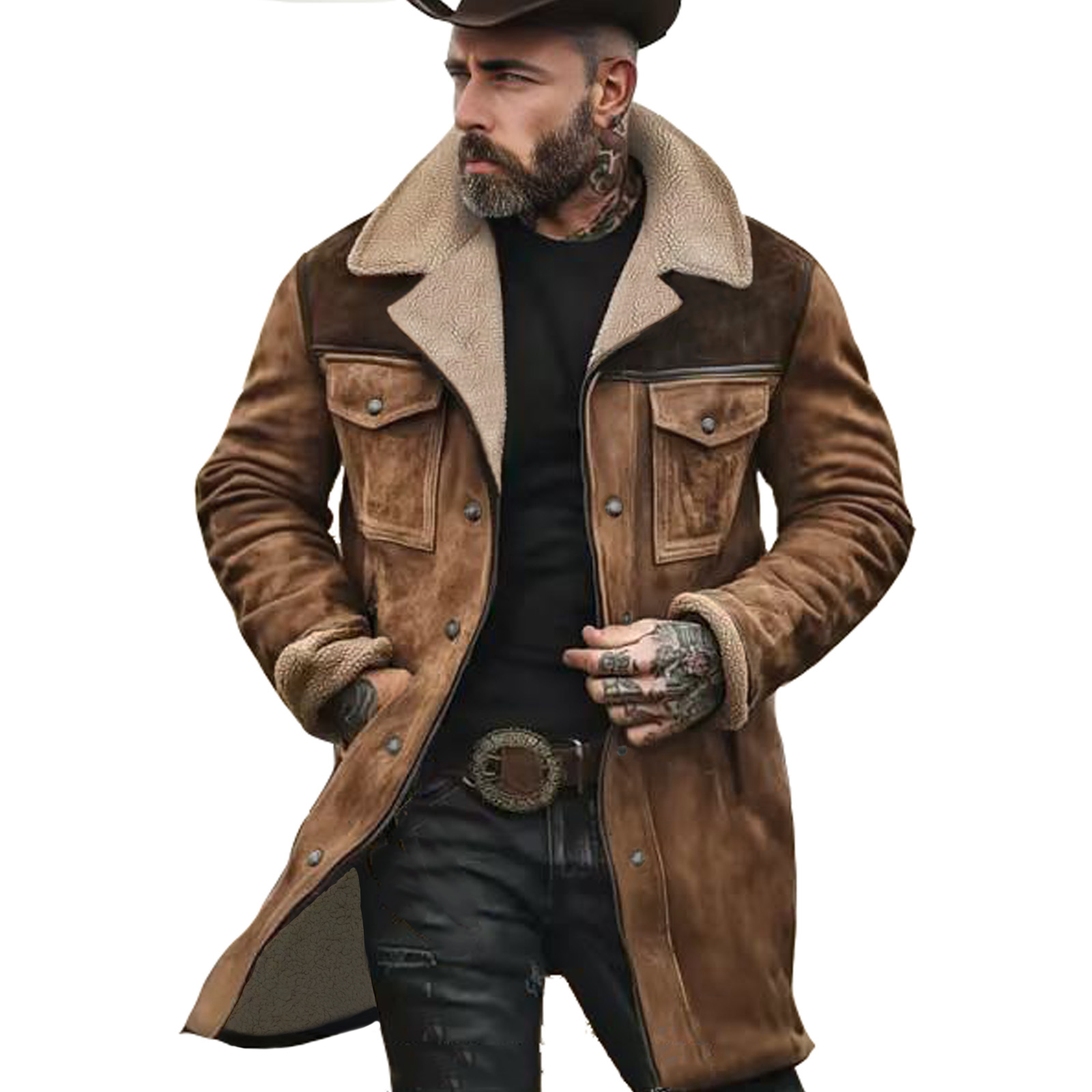 Men's Vintage Suede Patchwork Lamb Fleece Multi-Pocket Reverse Collar Outdoor Jacket Coat
