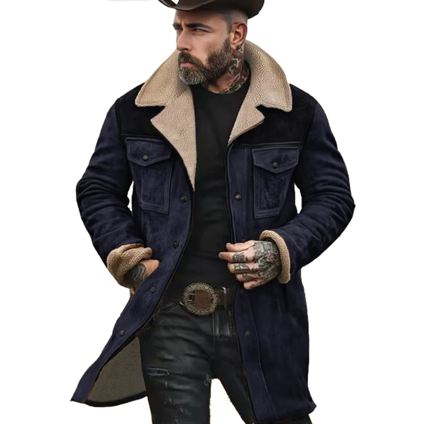Men's Vintage Suede Patchwork Lamb Fleece Multi-Pocket Reverse Collar Outdoor Jacket Coat