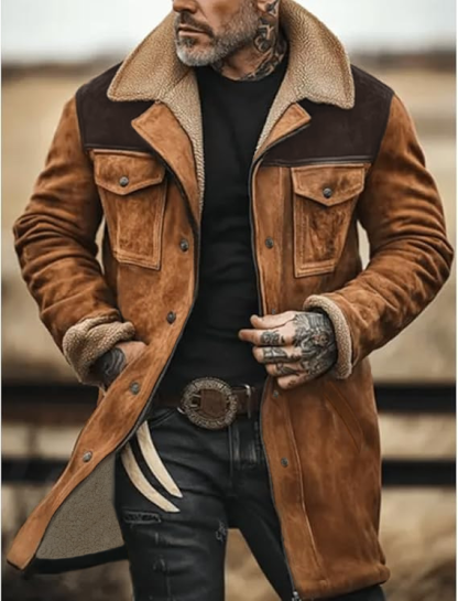 Men's Vintage Suede Patchwork Lamb Fleece Multi-Pocket Reverse Collar Outdoor Jacket Coat