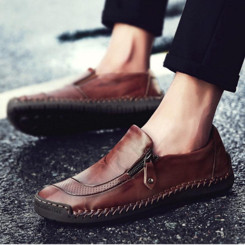 🔥2024 Heißer Verkauf🎉Herren Handgefertigte, lässige, bequeme Leder-Slipper mit seitlichem Reißverschluss