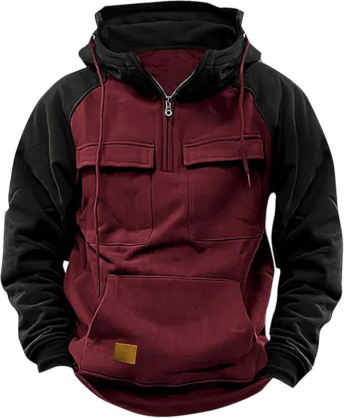 Men's Loose 1/4 Zipper Multi-Pocket Colorblock Pullover Hooded Sweatshirt