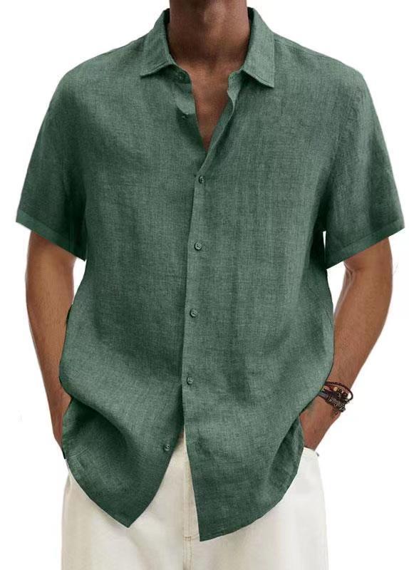2024 Loose Cotton and Linen Lapel V-Neck Short Sleeve Shirt