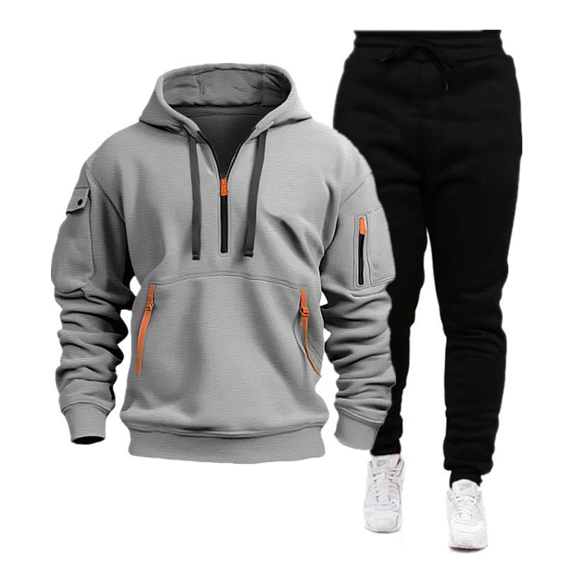 Herren-Set aus Sport-Kapuzenpullover und Jogginghose mit mehreren Taschen und Reißverschluss