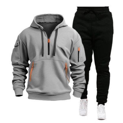 Herren-Set aus Sport-Kapuzenpullover und Jogginghose mit mehreren Taschen und Reißverschluss