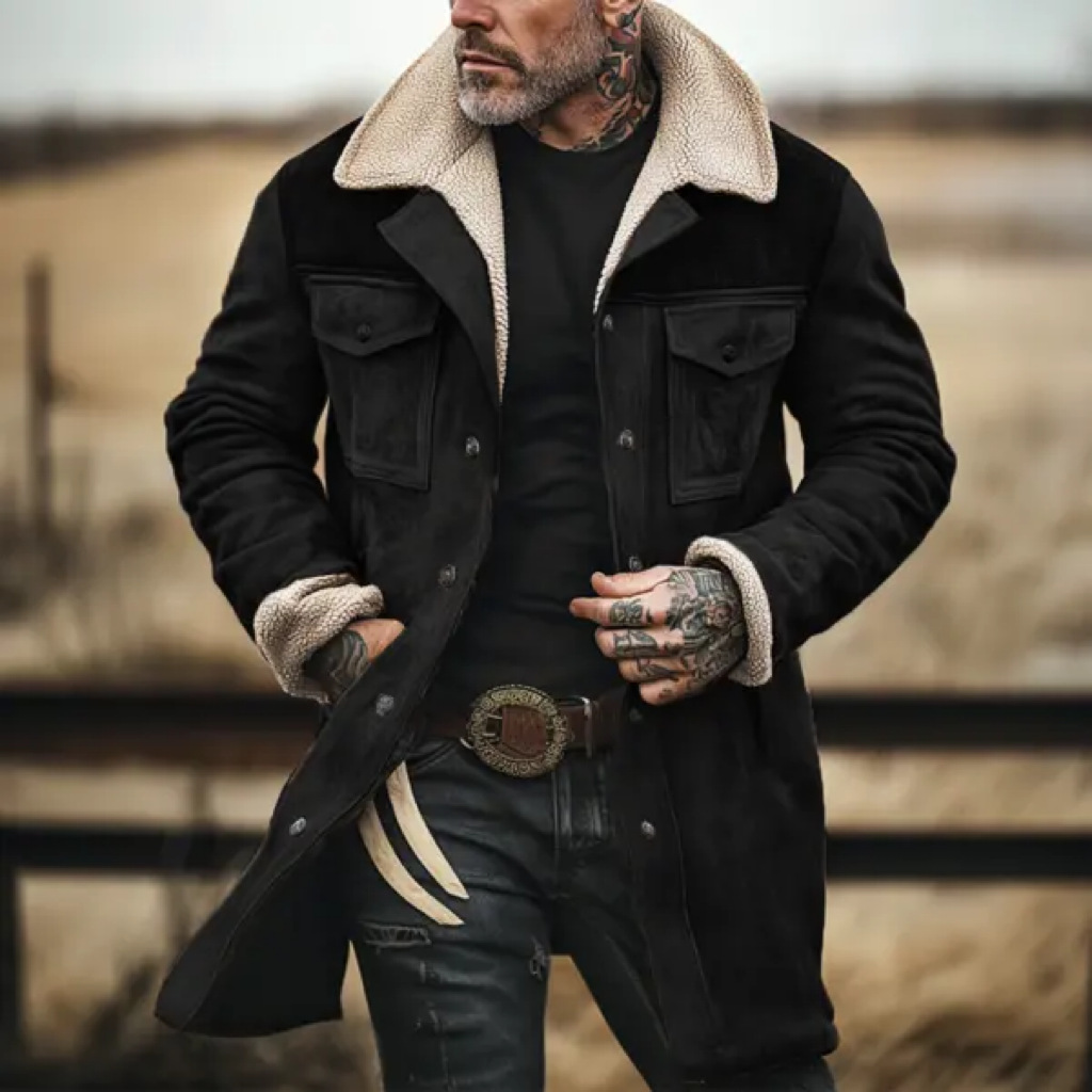 Men's Vintage Suede Patchwork Lamb Fleece Multi-Pocket Reverse Collar Outdoor Jacket Coat