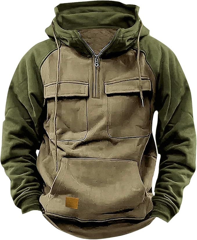 Men's Loose 1/4 Zipper Multi-Pocket Colorblock Pullover Hooded Sweatshirt