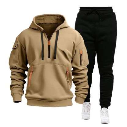 Herren-Set aus Sport-Kapuzenpullover und Jogginghose mit mehreren Taschen und Reißverschluss