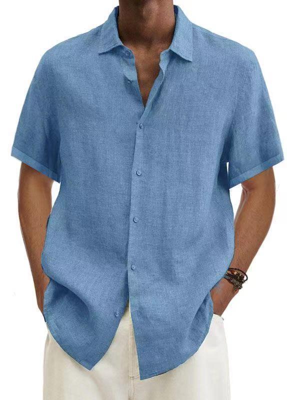 2024 Loose Cotton and Linen Lapel V-Neck Short Sleeve Shirt