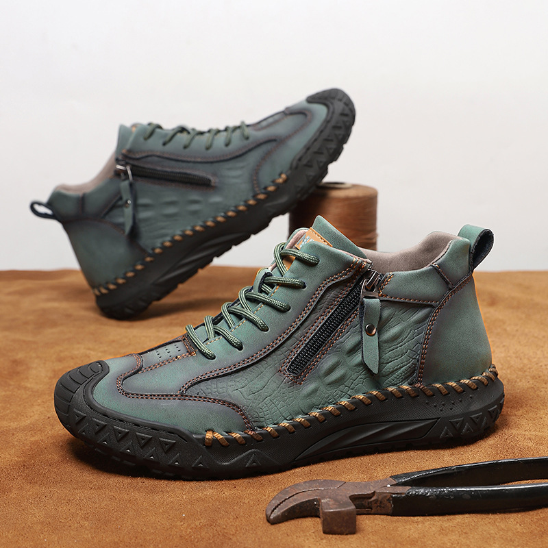 Men's Outdoor Leather Shoes with Zipper – Waterproof, Arch Support & Wide Toe Comfort