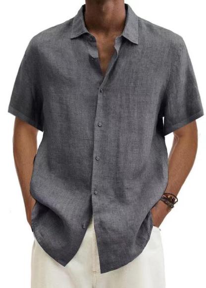2024 Loose Cotton and Linen Lapel V-Neck Short Sleeve Shirt